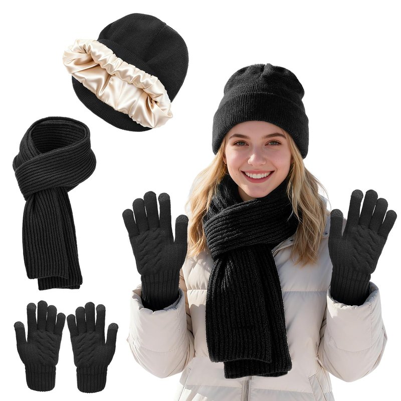 Satin Lined Beanie Scarf and Gloves Set for Women - Hair Protection, Winter Accessories Gifts for Wife Her, Black