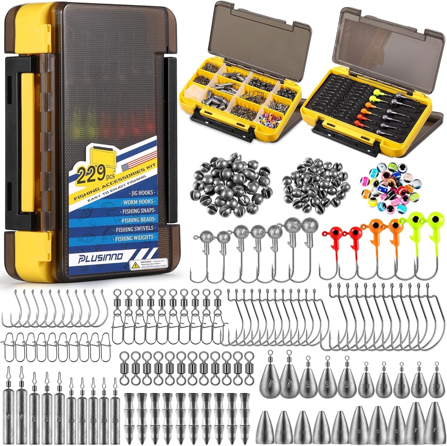 PLUSINNO 229PCS Fishing Accessories Kit with Double-Side Fishing Tackle Box, Abundant Fishing Gear Include Fishing Hooks Jig Head Weights Sinkers, Fishing Equipment for Trout Bass Crappie
