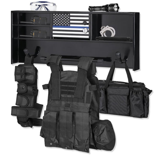 BUYYAH Wall Mounted Police Gear Rack, All Iron Frame with Gun Storage, Combination Lock, Tactical Duty Gear Rack for Home, Office, Police Gift Decor with Flag, Black