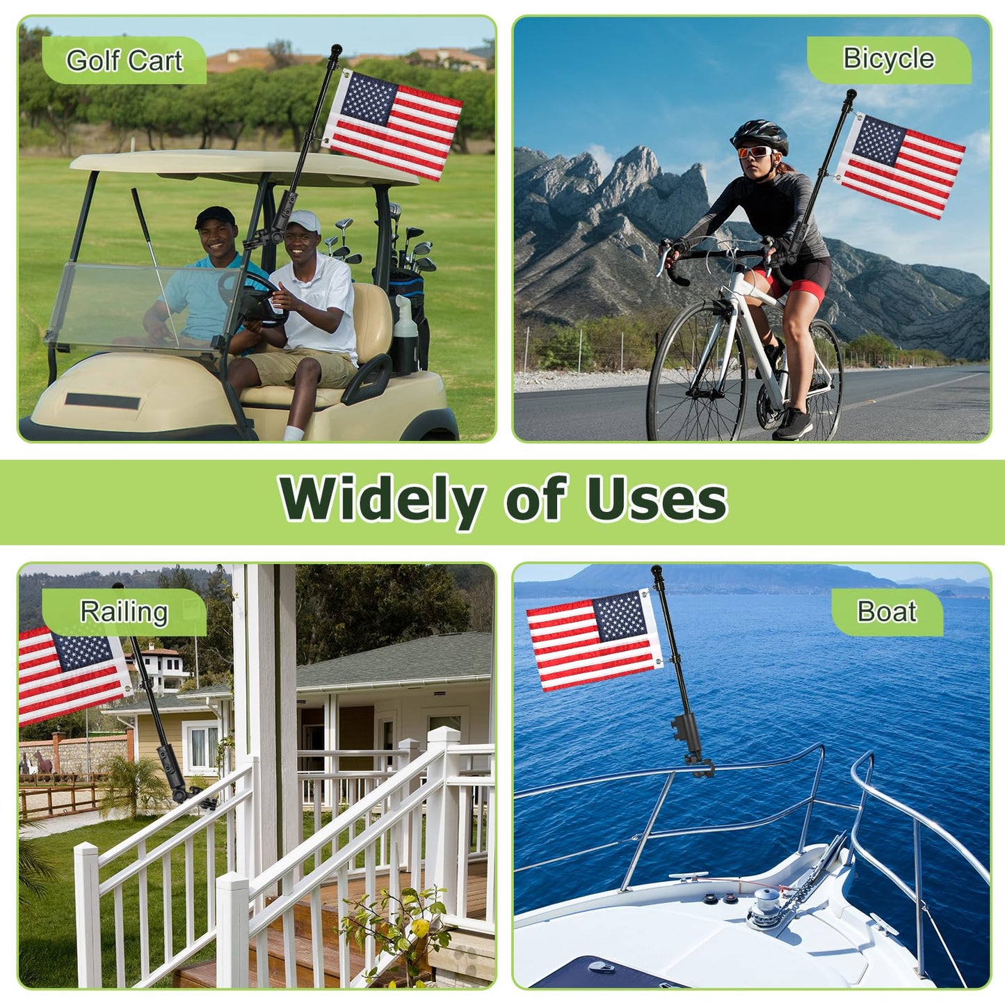 WEIMELL Golf Cart Flag Holder with USA Flag Pole Mount Kit Set Fit for EZGO TXT RXV Club Car Precedent Tempo DS Yamaha Boat Heavy Duty Windproof Bracket Set (with Flag 12x18 Inch)