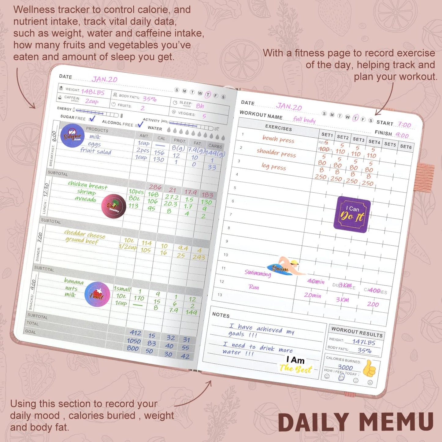 Food and Fitness Journal - Hardcover Wellness Planner for Meal Tracking & Workout | Undated for Home & Gym