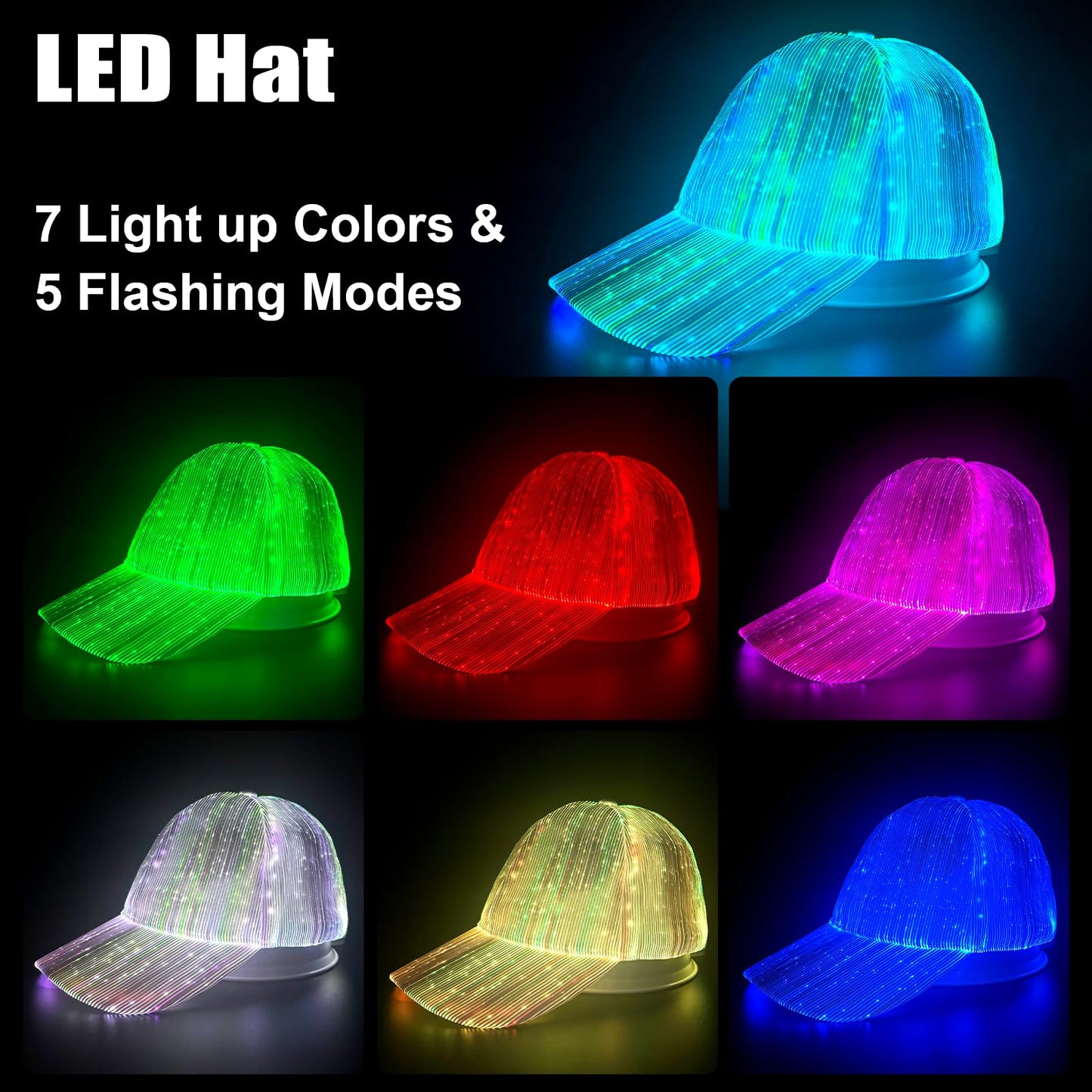 YouRfocus LED Hat Light Up Baseball Cap - USB Rechargeable Glow in The Dark Party Flashing Fiber Rave Hat with 7 Colors 5 Flashing Modes (White)
