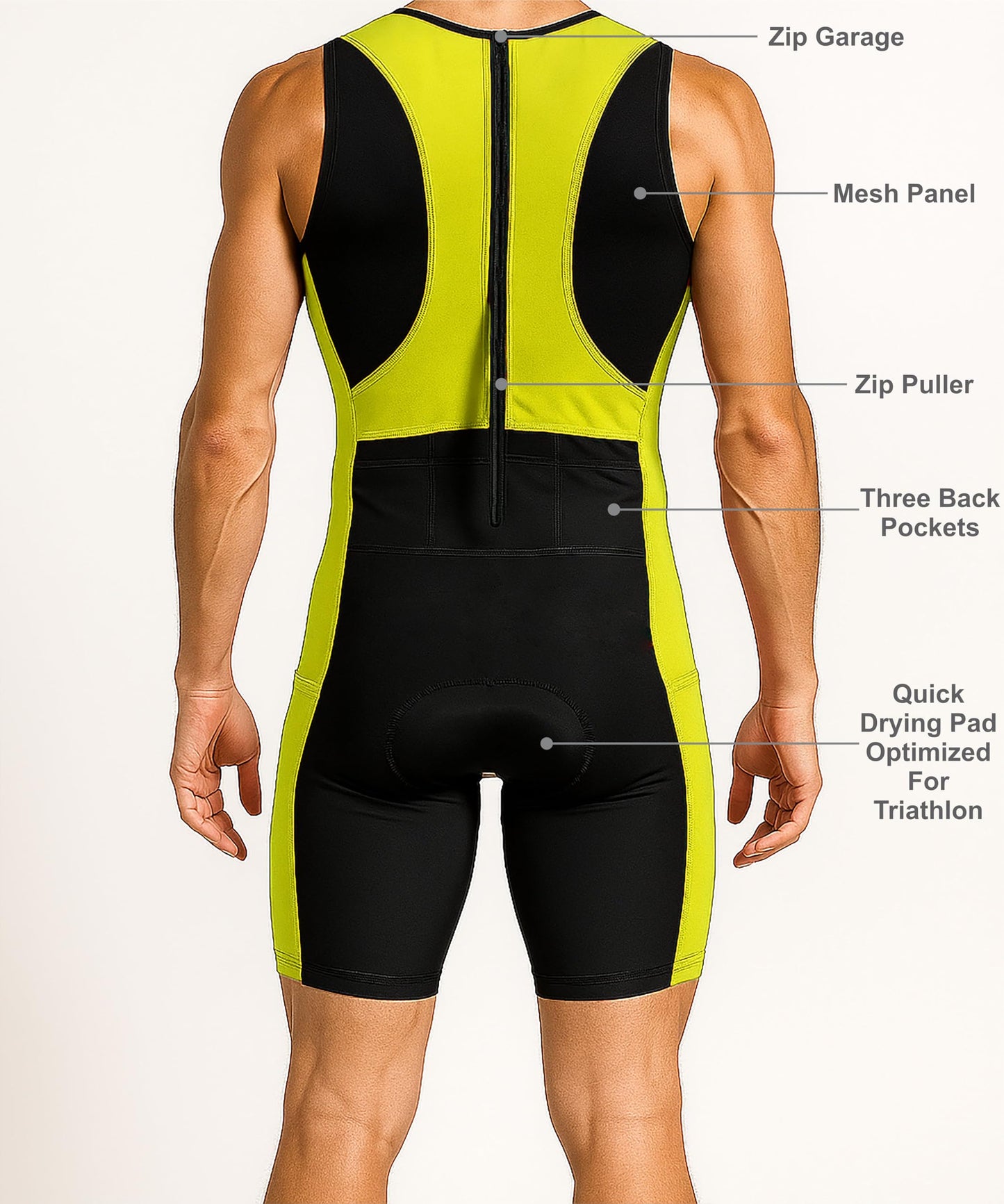 Wixen Men’s Triathlon Suit – Padded One-Piece Sleeveless Trisuit with Rear Zipper for Running, Swimming, Cycling – Neon Green-L