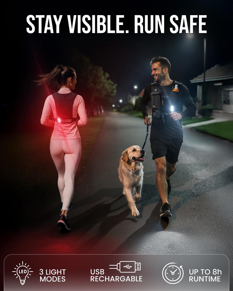 RUNLIX Running Vest for Women Men-Reflective Running Hydration Vest with 500ml Soft Water Bottle, Phone Holder, 2 LED Lights USB Rechargeable-7 Pockets Runners Backpack Marathon (Black, Medium-Large)