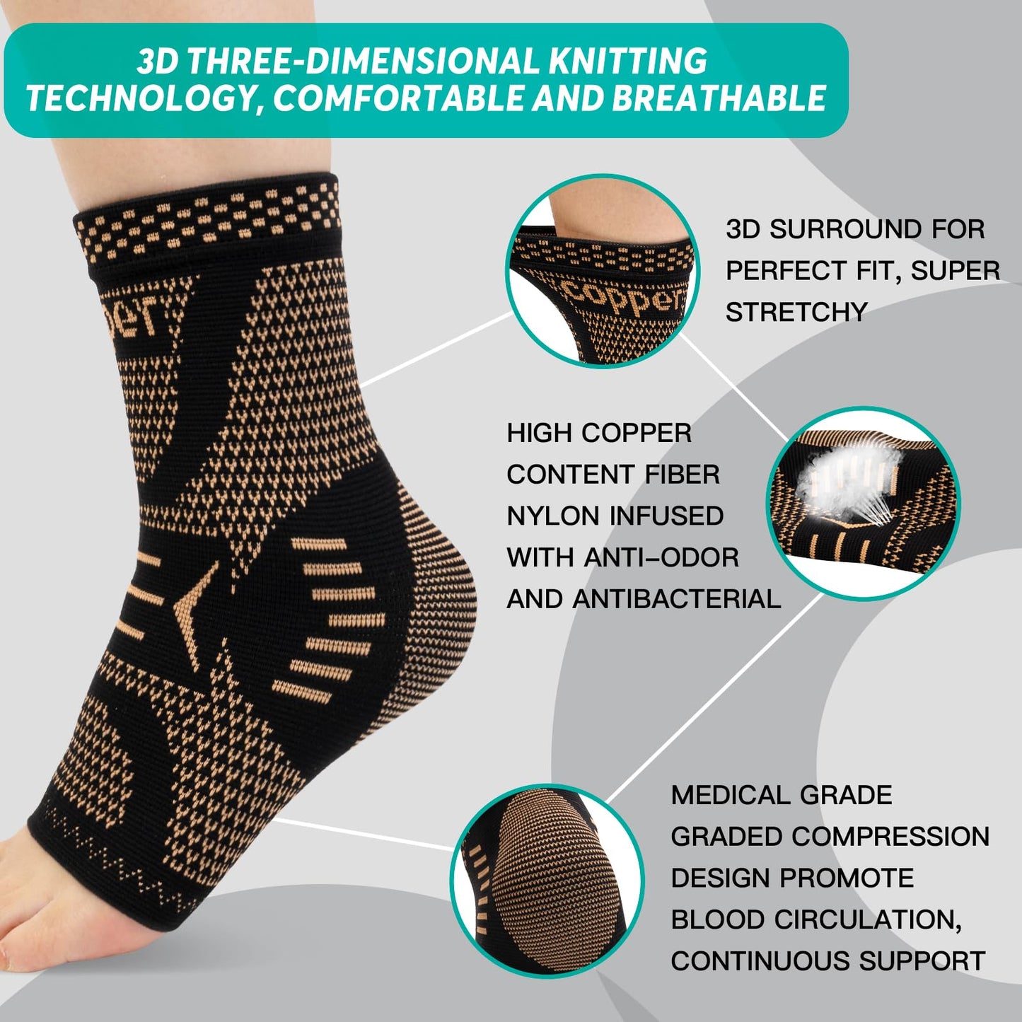 INDEEMAX Ankle Brace for Women & Men, Ankle Compression Sleeve Support Copper Infused Ankle Brace for Sprained Ankle, Plantar Fasciitis Sports, Achilles Tendonitis Pain Relief, Copper Black, S