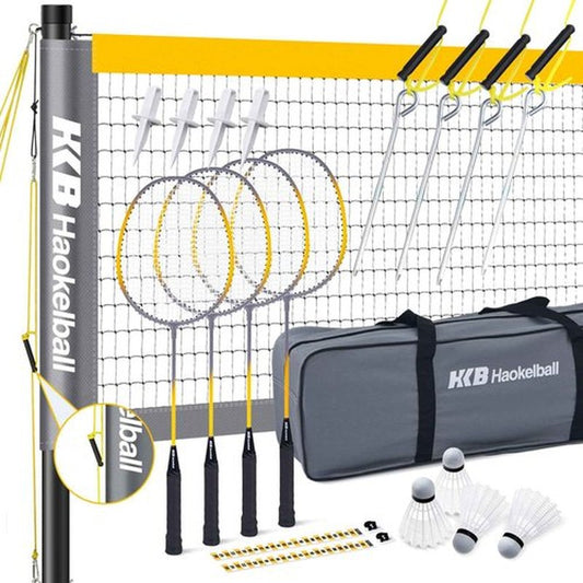 Haokelball Professional Badminton Set Badminton Sets for Backyards with Net Tension Adjuster, Badminton Rackets Set of 4, 4 Nylon Badminton Shuttlecocks and Carry Bag, Gray
