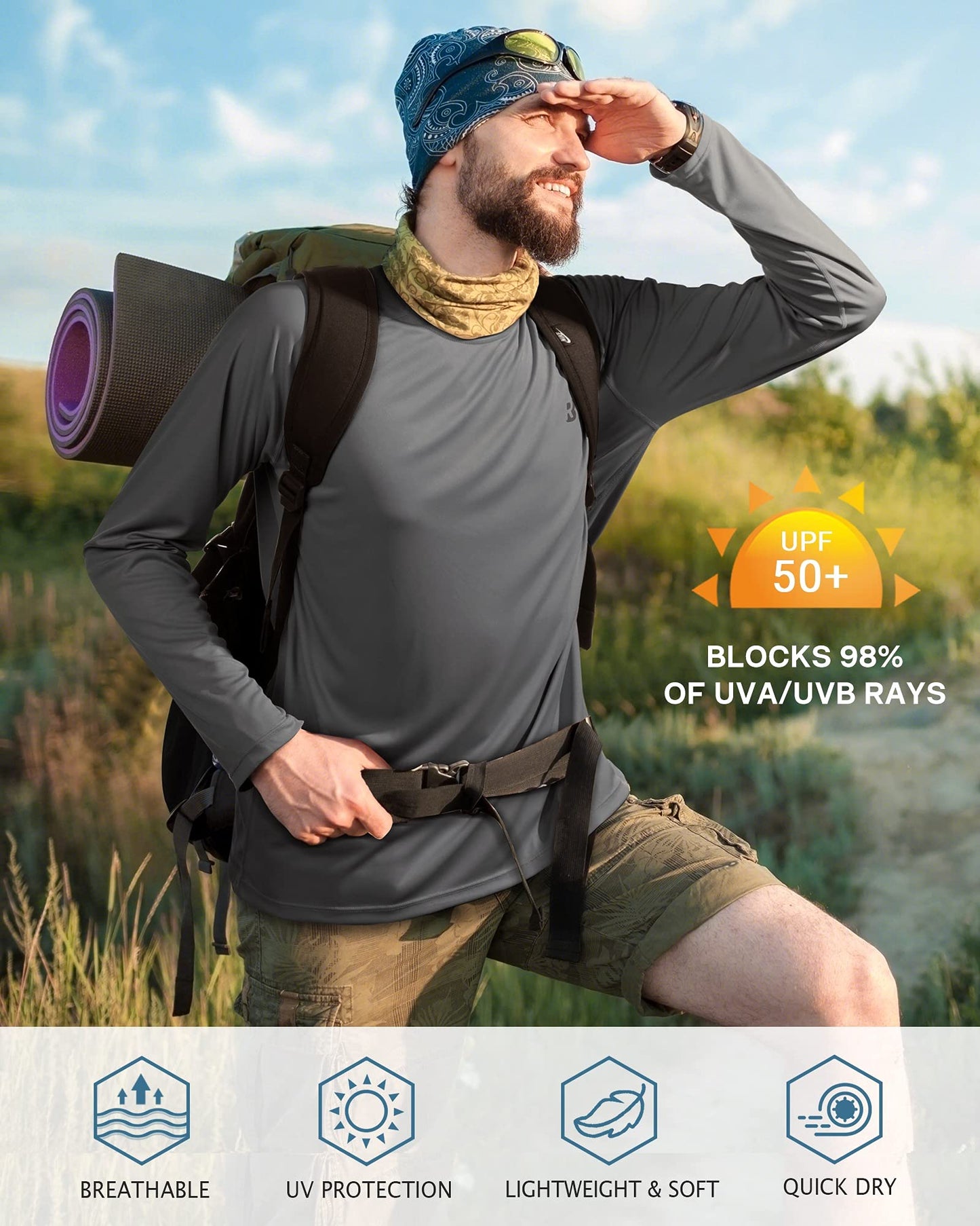 Roadbox Mens UPF 50+ Long Sleeve SPF Diving Rash Guard UV Sun Protection Shirts for Outdoor Fishing Hiking Swimming Running