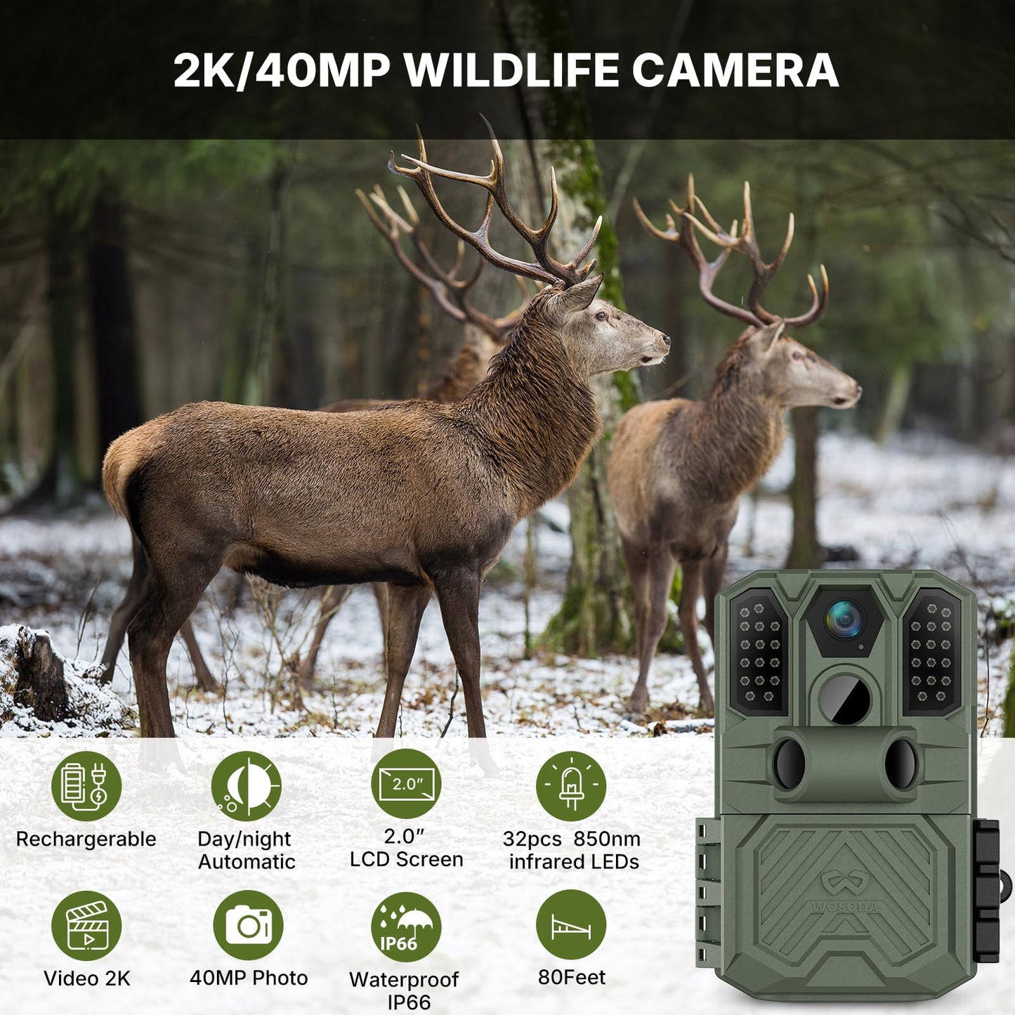 WOSODA Rechargeable Trail Camera (Non-Cellular, Non-WiFi),40MP 2K Game Cam with 2200mAh Lithium Battery,0.2s Trigger Night Vision Motion Activated,IP66 Waterproof 120° Wide Lens Wildlife Camera