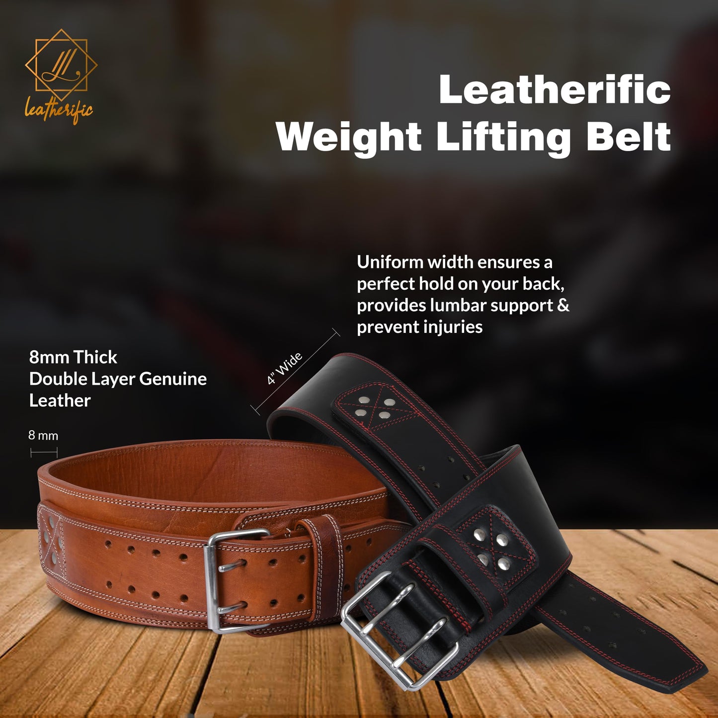 Leatherific | Genuine Leather Weight Lifting Belt | 8 mm Thick, 4" Wide | Heavy duty, Padded, Steel Buckle | For Bodybuilding, Cross Training, Weight Training, Lumbar Support (XL(Fits 40"-45"), Pecan