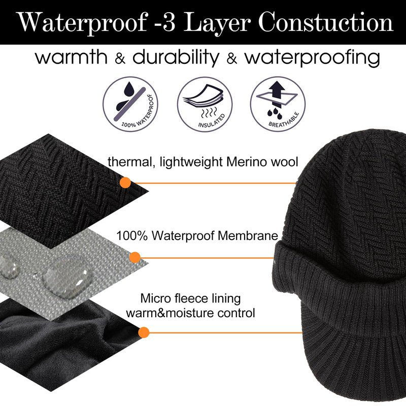 TOP-EX DryKnit™ Waterproof Merino Wool Visor Beanie with Brim & Fleece Neck Warmer Set – Warm Winter Knit Hat for Men & Women Cold Weather Ski Hiking Golf Black M/L