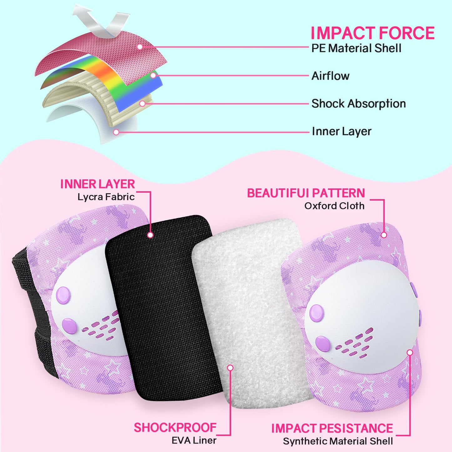 AuSletie Knee Pads for Kids Girls Protective Gear Set Adjustable Knee Pads and Elbow Pads Set with Wrist Guard for Girls Kids Toddler Roller Skates Bike Cycling Skateboard Scooter (Purple Unicorn)