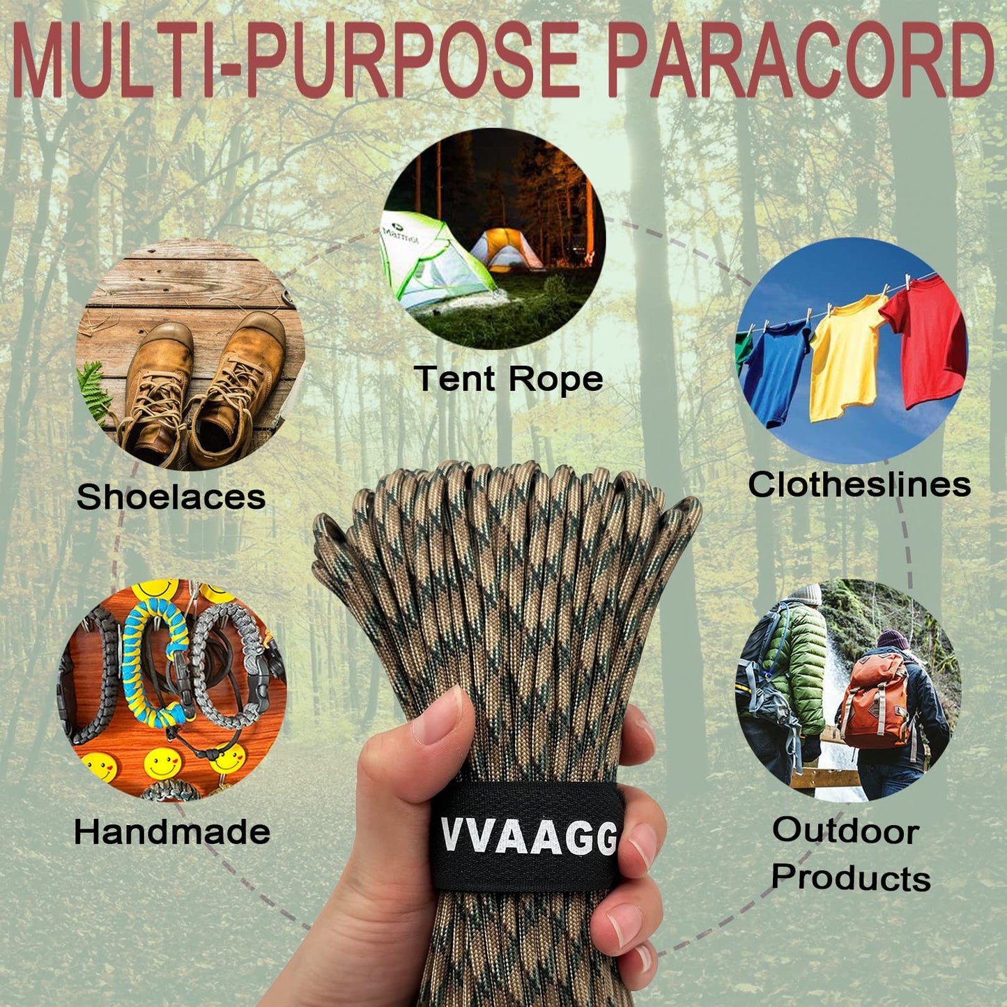 VVAAGG 550 Paracord 100FT Strong Rope, Heavy-Duty Camo Tactical Parachute Cord Outdoor Camping Gear Tent Rope, 4mm