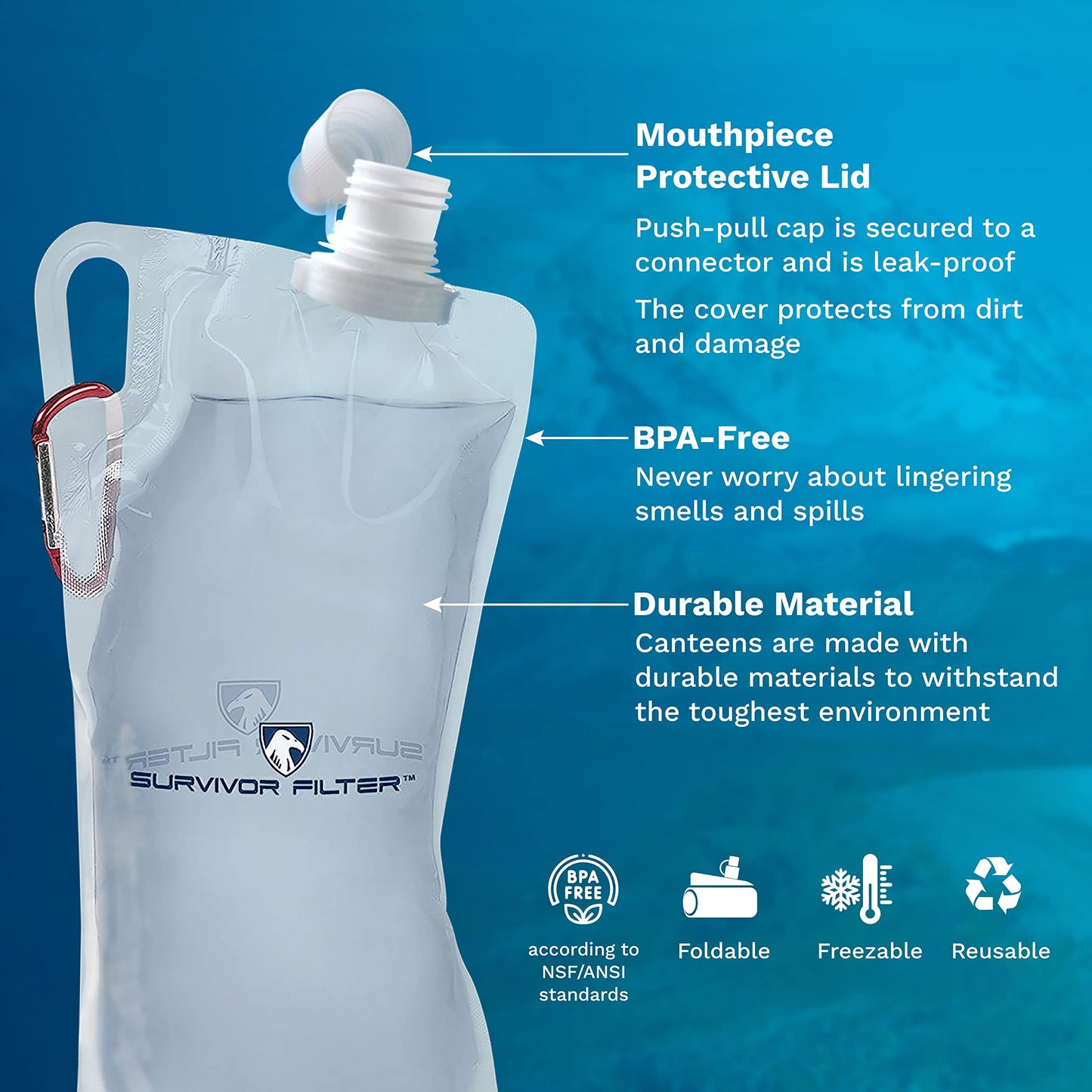 Survivor Filter 1L Clear Collapsible Water Bottles - Travel, Hiking, Foldable, BPA-Free - 2 x 33oz