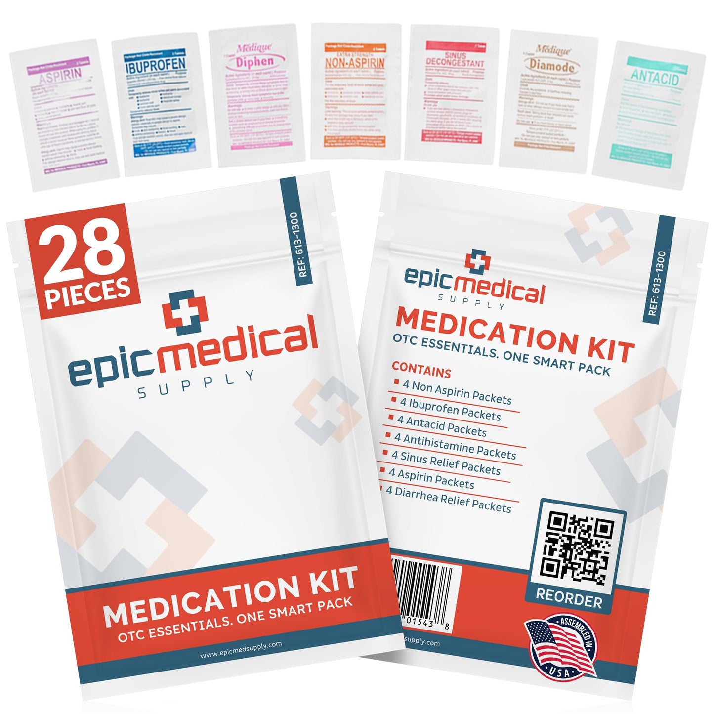 Epic Medical Supply First Aid Kit Medication Refill – 43-Count Unit Dose Packets - Alcohol Pads & Bandages – Emergency Medicine Kit Pills - 1st Aid Kit Refill, Travel, Camping – Assembled in USA