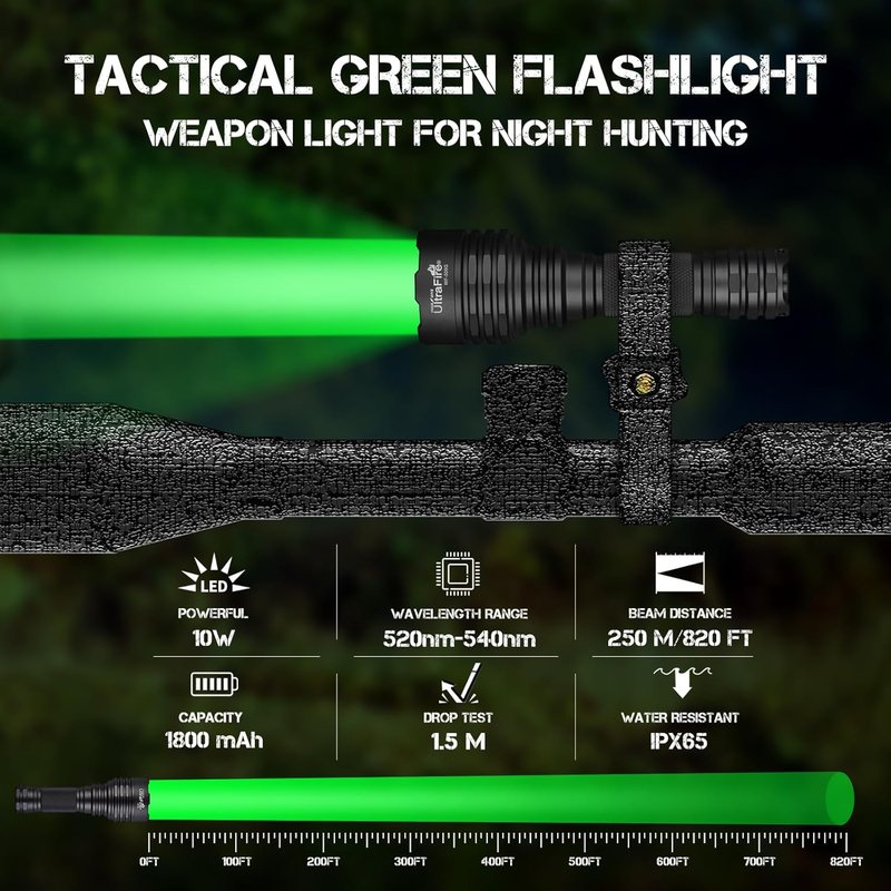 10W Green Hunting Flashlight - Ultra Bright LED Tactical Light for Night Hunting | 273-Yard Range, Single Mode