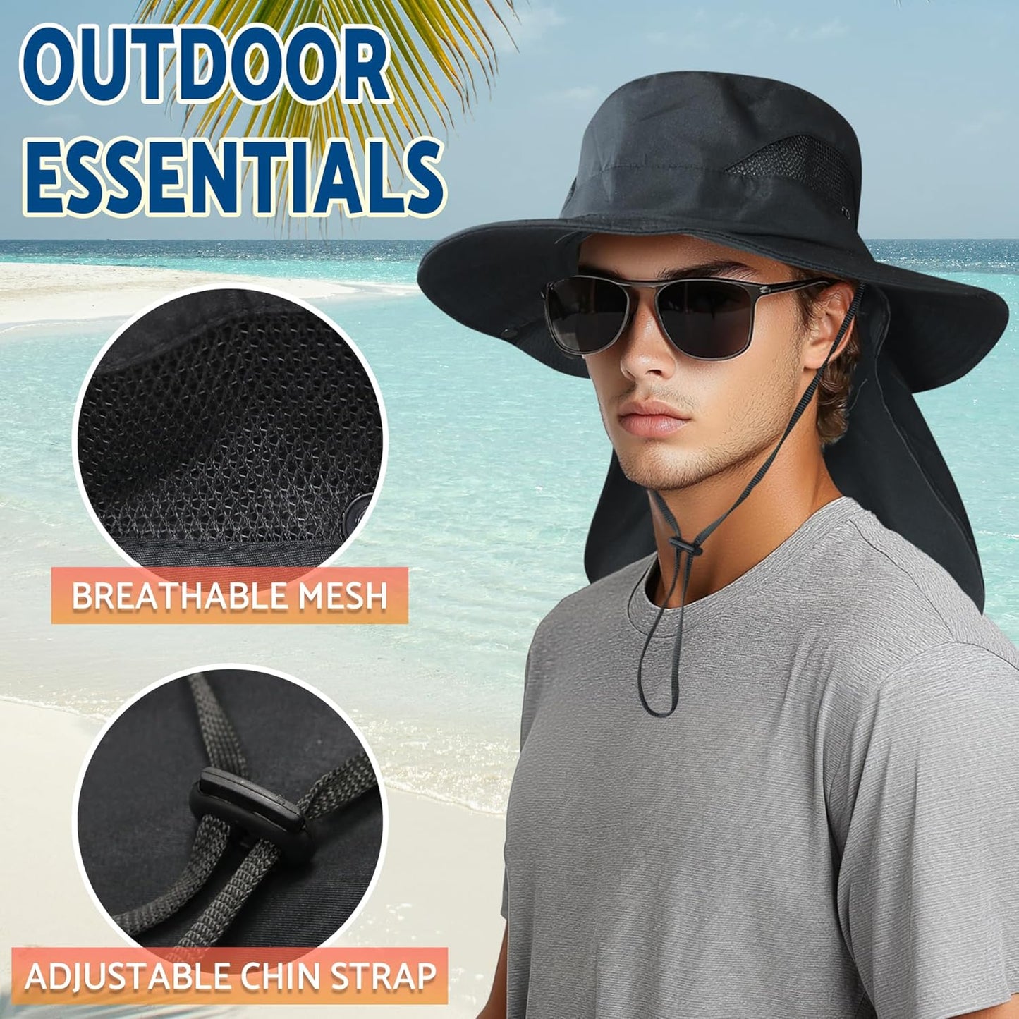 Sun Fishing Hat with Neck Flap - UV Protection Wide Brim Bucket Hat for Men & Women