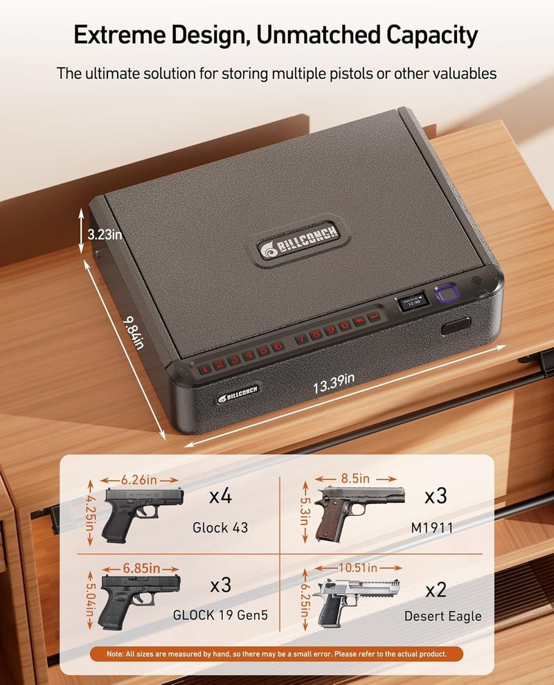 Smart Gun Safe - Biometric Pistol Safe with 4 Access Methods, LCD & Voice Guide | Nightstand & Car Security