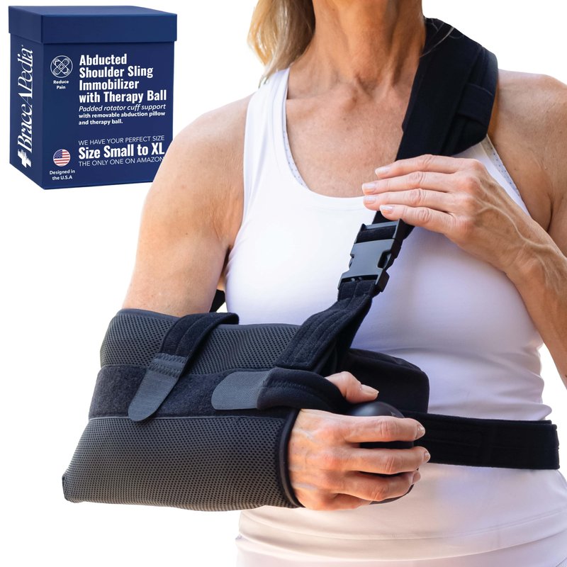 Braceapedia PerfectFit Arm Abduction Shoulder Sling - Arm Sling Shoulder Immobilizer with 15 Degree Pillow & Exercise Ball - Support for Rotator Cuff Injury & Surgery - Black, Large