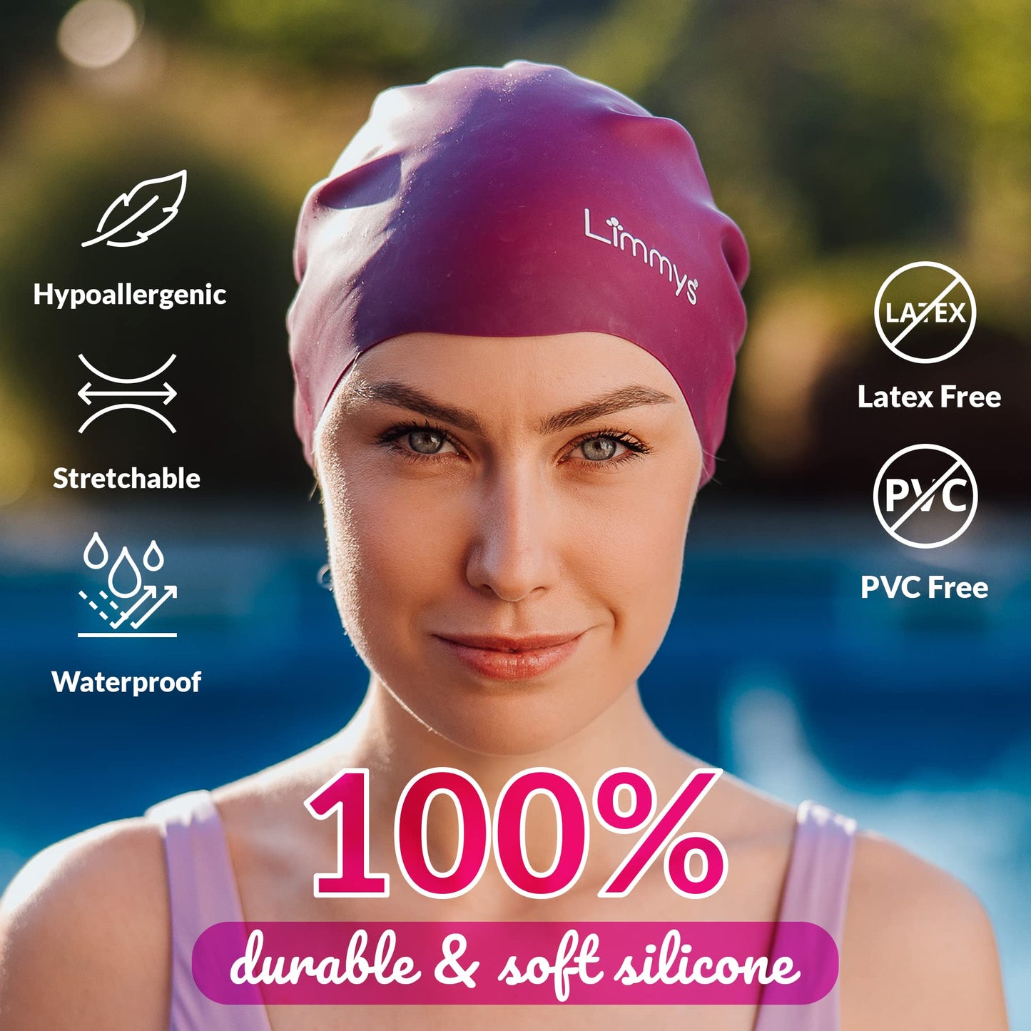 Limmys Men’s Women’s Unisex Swimming Cap - 100% Silicone Ladies Swim Caps - Premium Quality, Stretchable and Comfortable Swimming Hats - Available in Different Attractive Color (Pink)