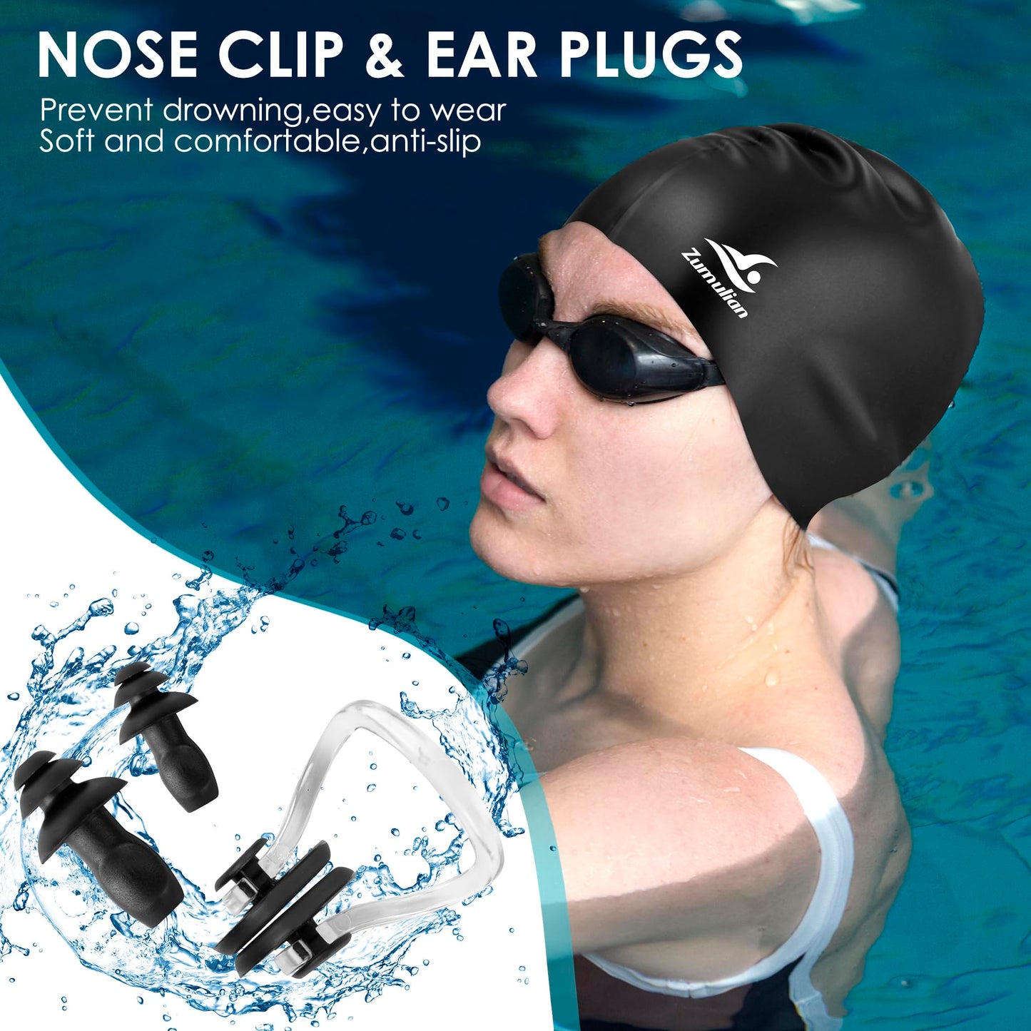 Silicone Swim Cap for Men &Women,3D Ergonomic Design Swimming Caps with Ear Plug and Nose Clip Suit for Long Hair