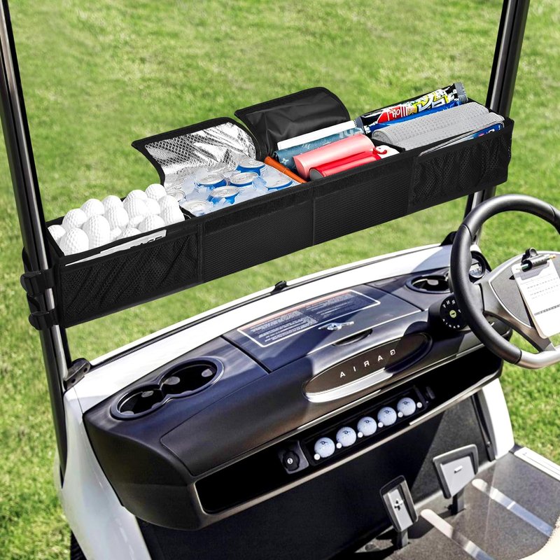 Grekos Golf Cart Storage Tray, Upgraded 1680D Golf Cart Front Storage Basket with Insulated single compartment, Tray Compatible with EZGO,Club Car,Drive,ICON (Black)