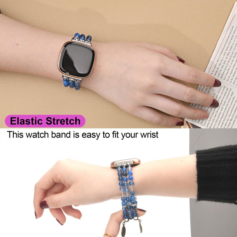 AWSMOR Beaded Band Compatible with Fitbit Versa 4/Versa 3 Bands/Fitbit Sense 2/Sense Bands for Women, Handmade Crystal Beads Stretchy Watch Bracelet for Versa 4 （Blue Agate)