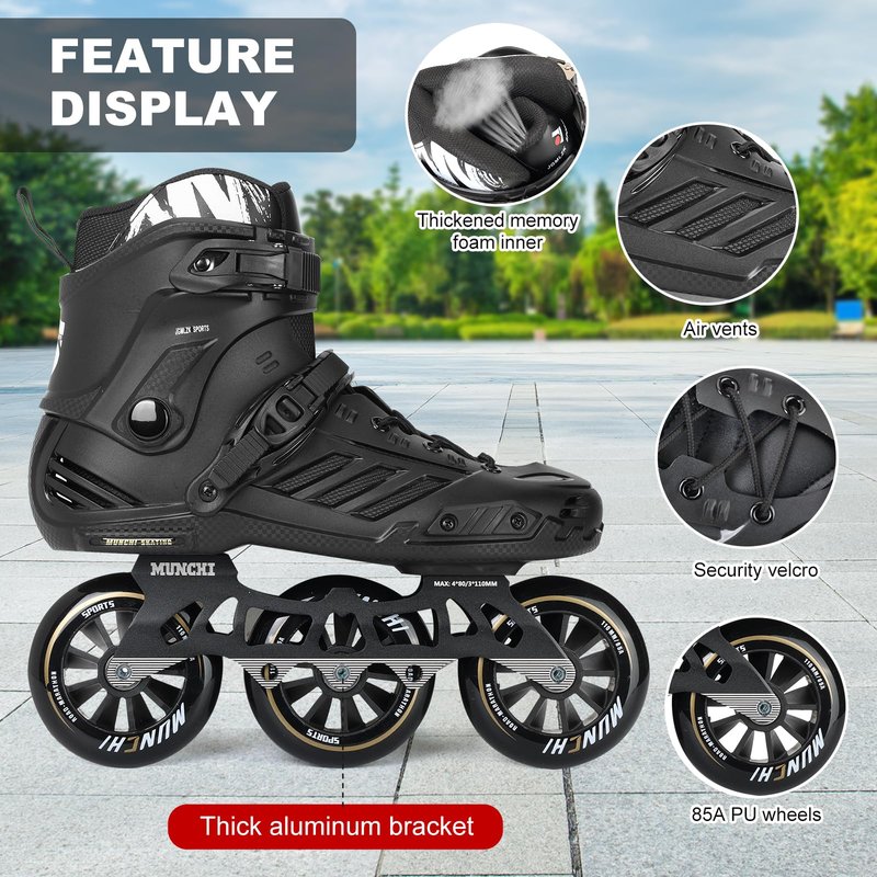 3 Wheels Fitness Inline Speed Skates for Unisex，110mm Roller Skates Blades (Black, Men 10/Women 11 45)