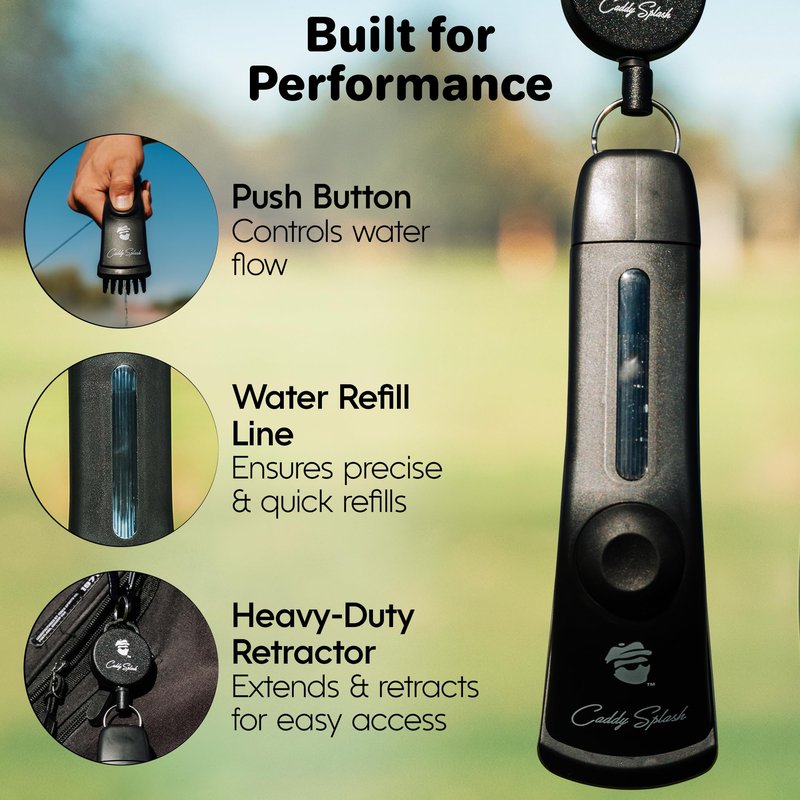 Caddy Splash Golf Club Brush Pro with Water- Heavy Duty Retractable Clip- Push Button for Easy Cleaning- Nylon Bristles- Holds 4 Oz- Golf Accessories for Men- Best Golf Gift - USA Company (Black)