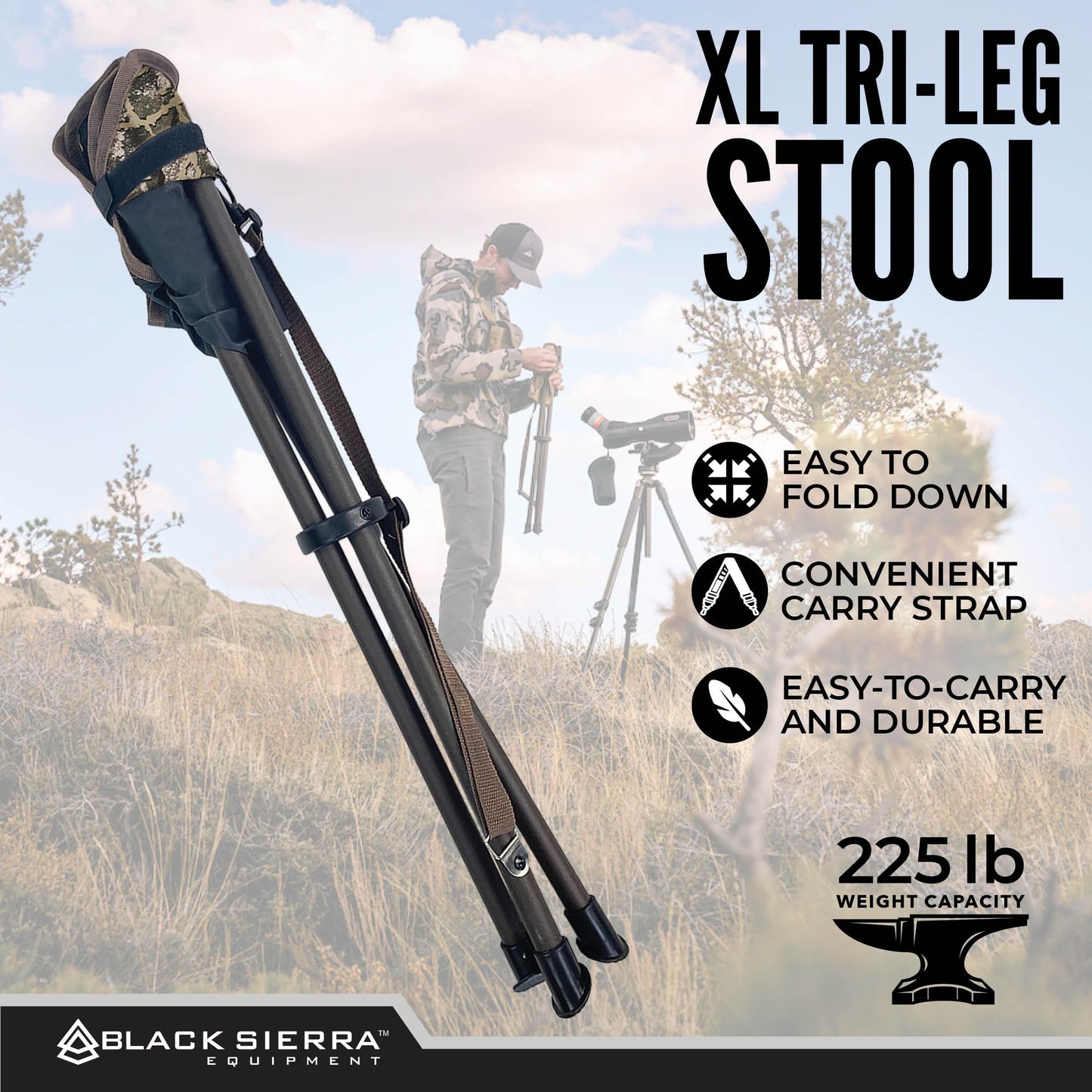 Black Sierra Folding Hunting Stool w/Shoulder Strap Supports 225 lbs, Lightweight Collapsible Tripod Seat, Foldable Steel Frame Chair Perfect for Hunting Blind, Fishing, Hiking, Travel