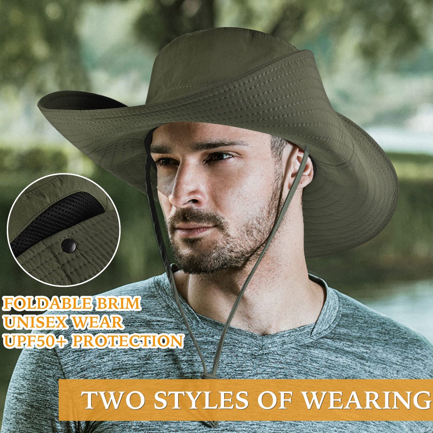 Wide Brim Fishing Sun Hat for Men Women, UPF 50+ Waterproof Bucket Boonie Hat Hiking Camping Safari Garden Beach