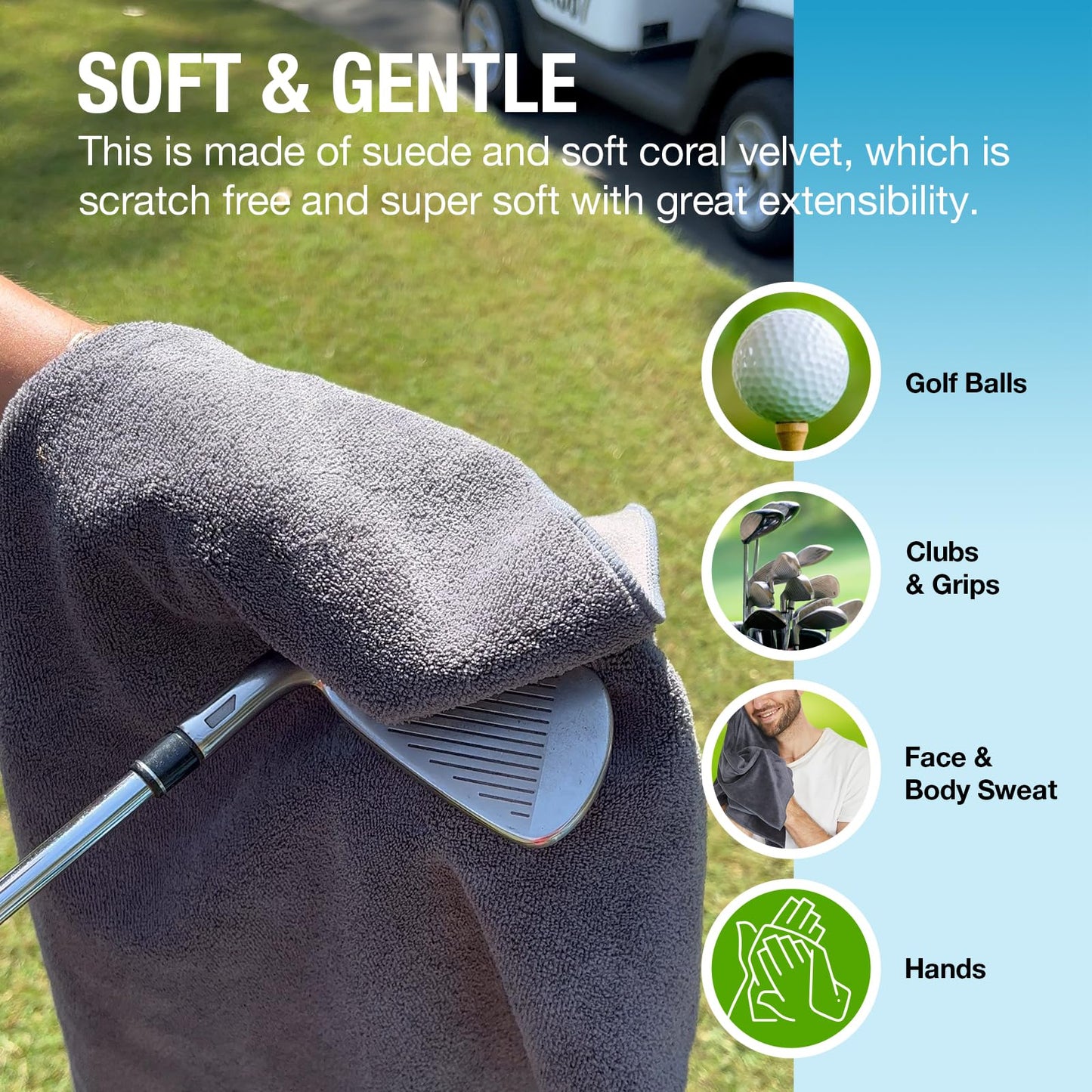 Gismelio Magnetic Golf Towel | Double-Sided Coral Velvet Thickened Towel (Grey, 2Pcs with Carabiner Clip & Magnet)