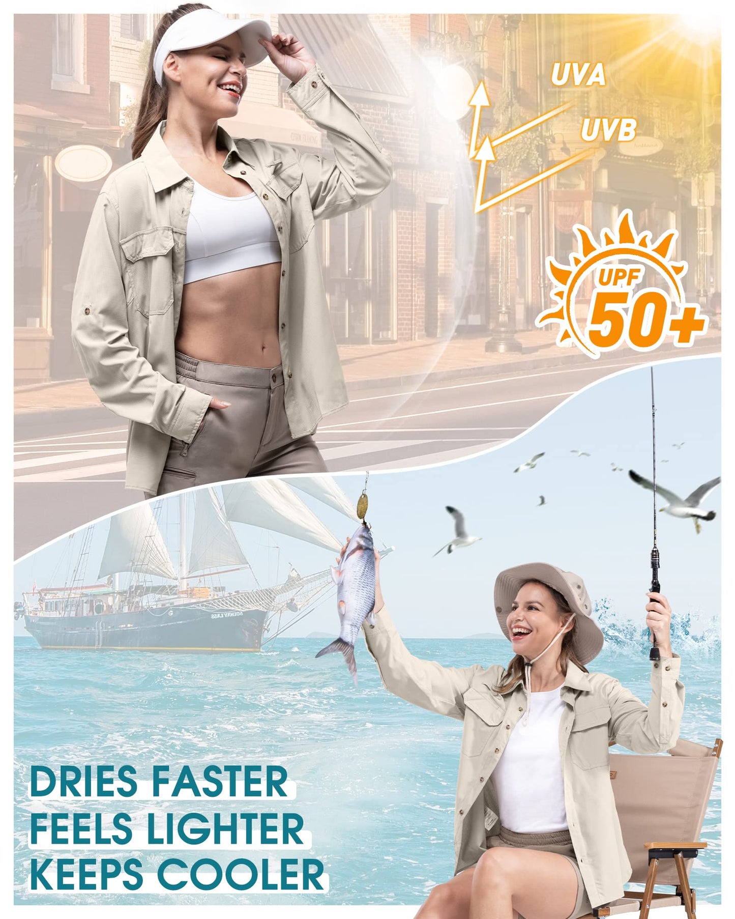 33,000ft Women's UPF 50 UV Sun Protection Shirt, Cool Quick Dry Long Sleeve Outdoor Fishing Hiking Safari Travel Shirt Light Khaki