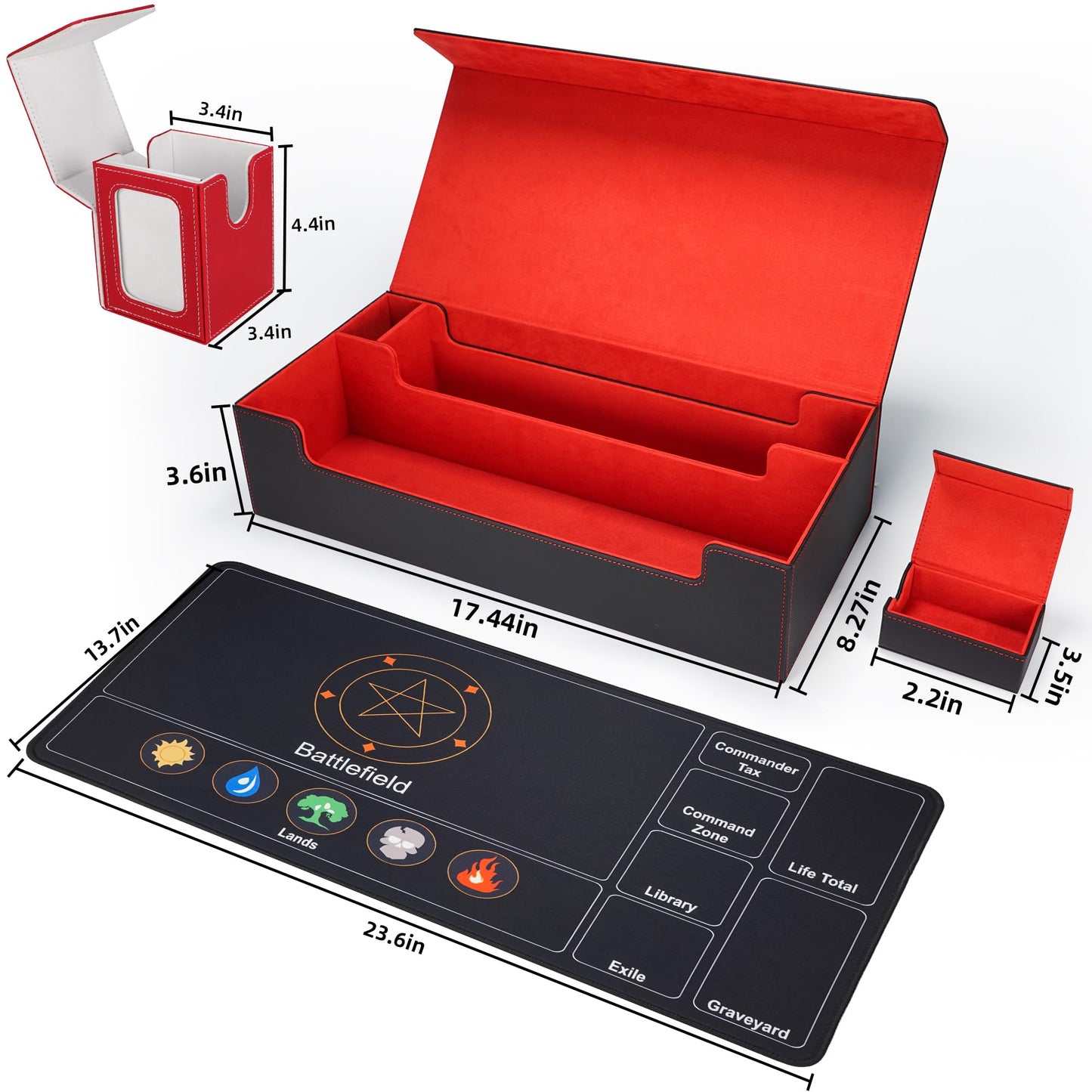 AFIING MTG Deck Box 6 In1 with MTG Playma,Premium Card Storage Box with 5 Pcs MTG Deck Box Holds 2400+ Trading Cards, Large TCG Card Deck Case for Magic Yugioh Sports Cards (Black&Red)