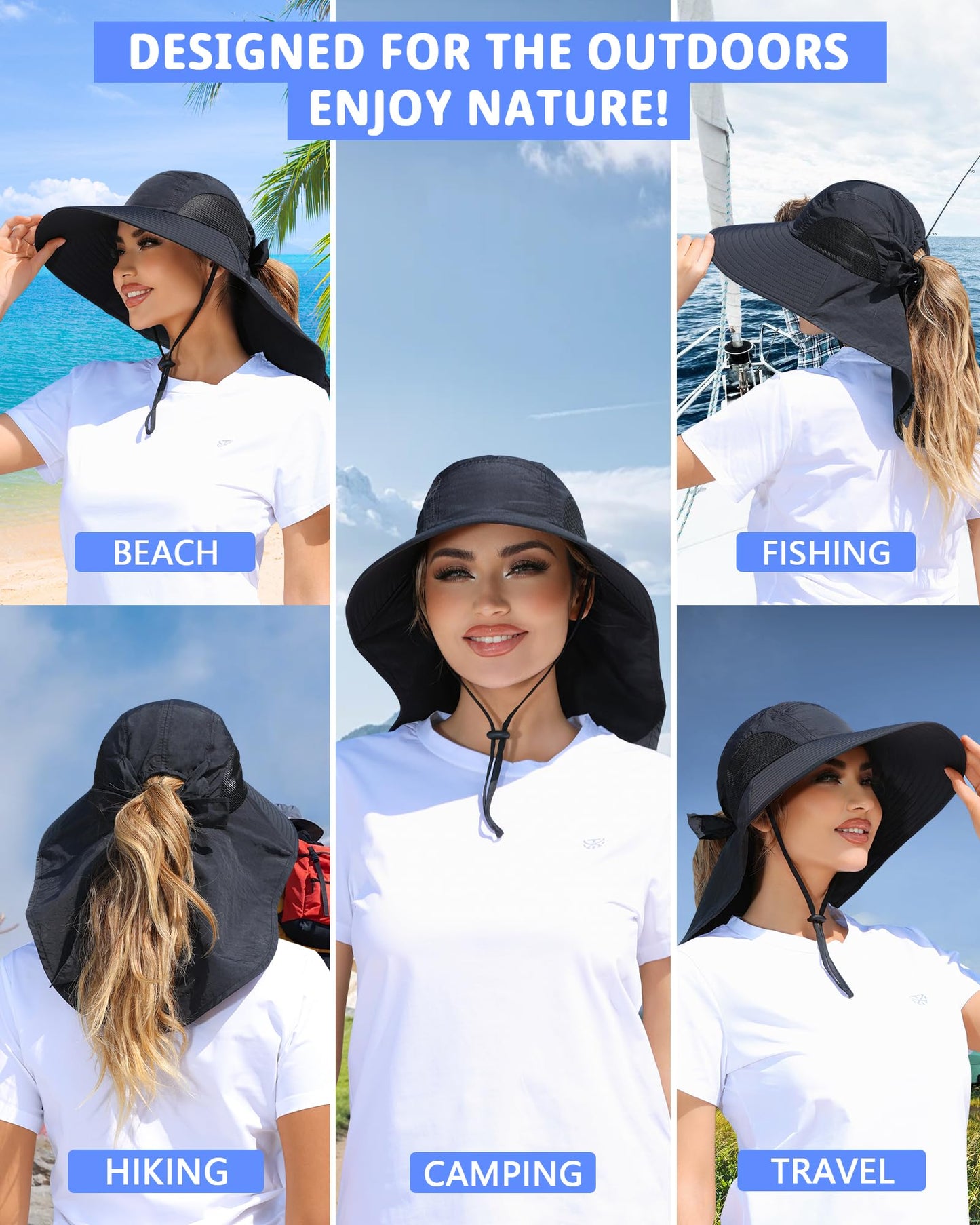 SENWAI Womens Sun Hat Outdoor UV Protection Wide Brim Fishing Hat with Ponytail Hole Neck Flap for Beach Hiking Camping, Black