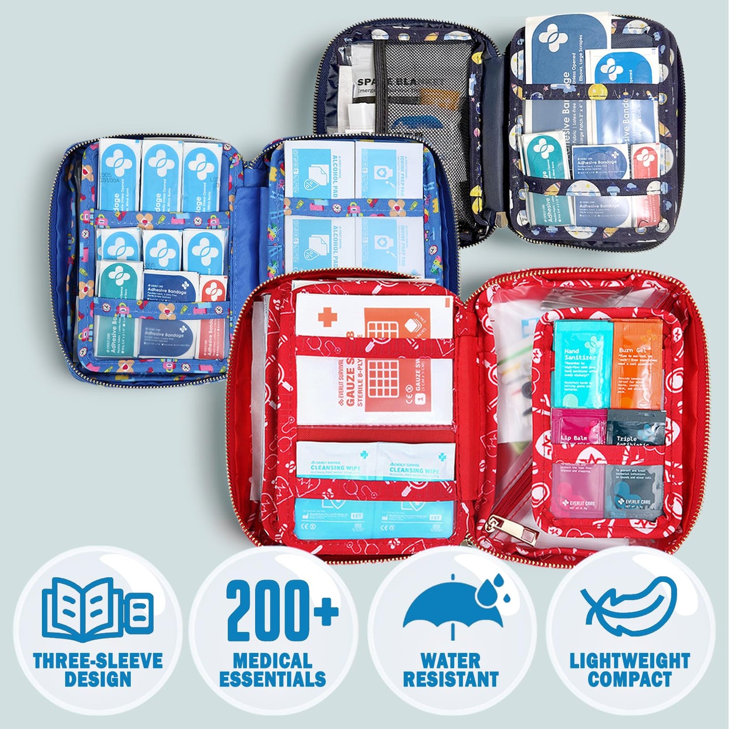 EVERLIT Care Rescue Pack | Family-Friendly First Aid Kit for Kids with 200 Pcs Medical Supplies | Travel-Friendly Compact Storage Bag for Home, Car, Travel, Camping, Adventure (Rainbow)