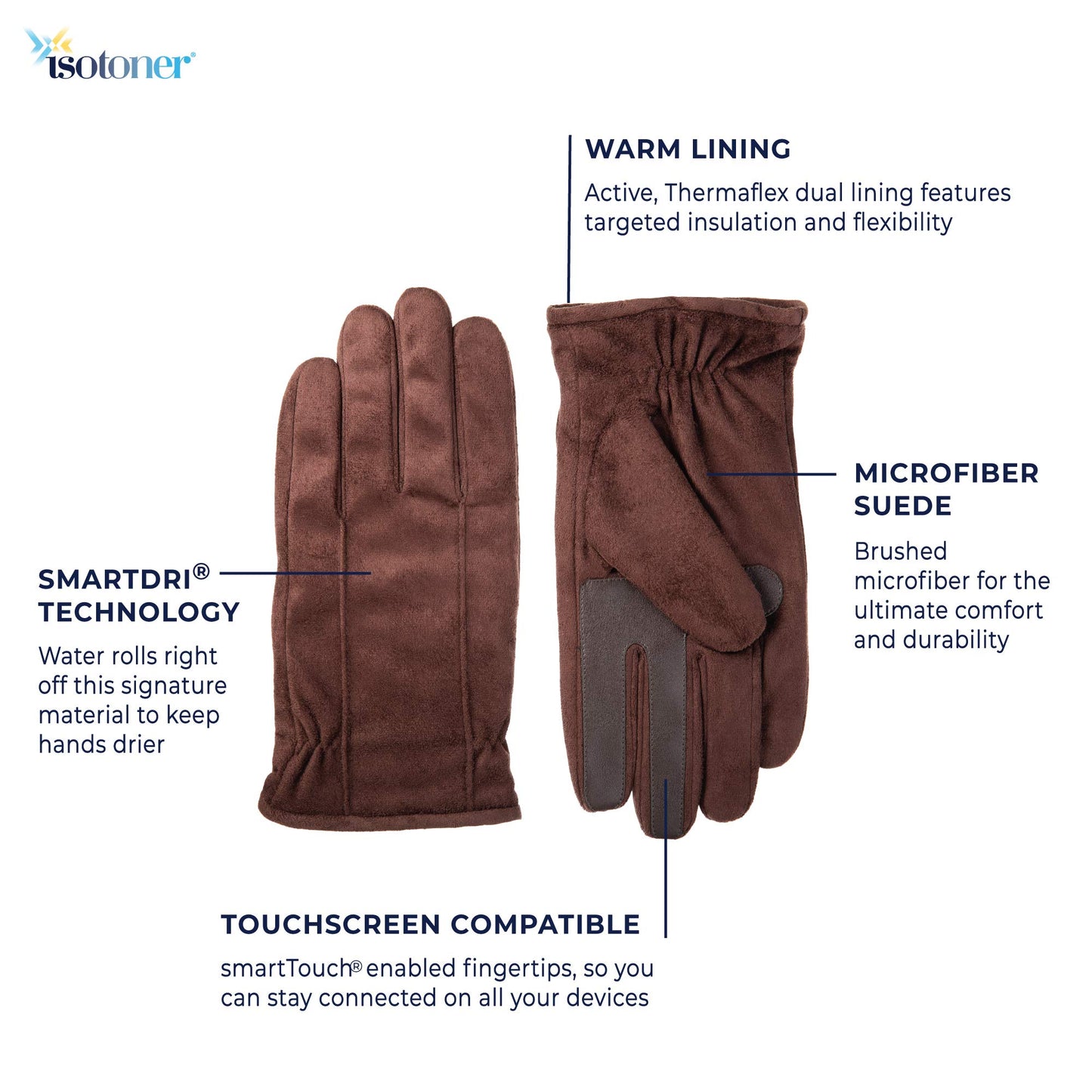 isotoner Mens Microfiber Touchscreen Texting Warm Lined Cold Weather With Water Repellent Technology Gloves, Cognac, Large US