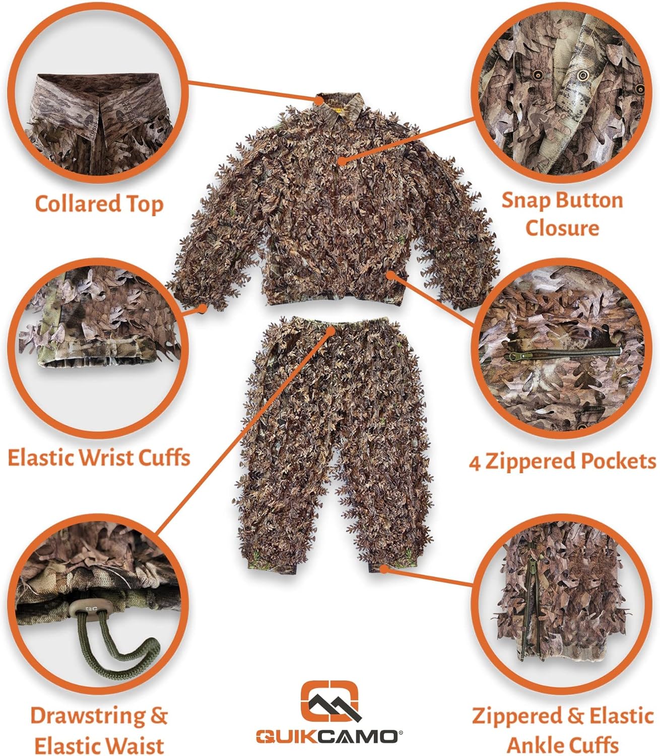 QuikCamo 3D Leafy Camo Ghillie Suit - Breathable Mesh for Turkey Hunting | Snaps & Zippered Pockets