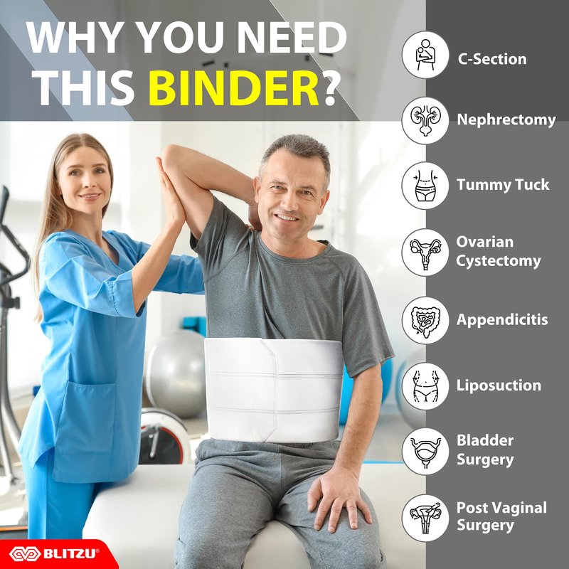 BLITZU 9", 3 Panel Abdominal Binder for Post Surgery Recovery, Postpartum Belly, Compression Wrap Support Belt for Hernia, C-Section, Stabilize Core, Prevent Injury and Improve Muscle Tone S-M White