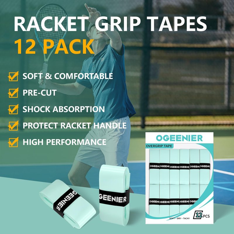 OGEENIER Tennis Racket Grip Tape, 12 Pack, Absorbent and Anti-Slip Tennis Overgrip, Precut Soft Pickleball Paddle/Badminton Wrap Grips Tape