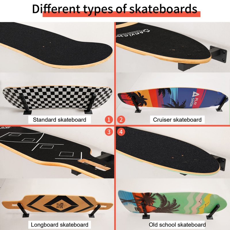 MIUONO Skateboard Wall Mount, Longboard Skateboard Deck Rack Mount on Wall, Skateboards Floating Shelves Brackets, 4 Pack
