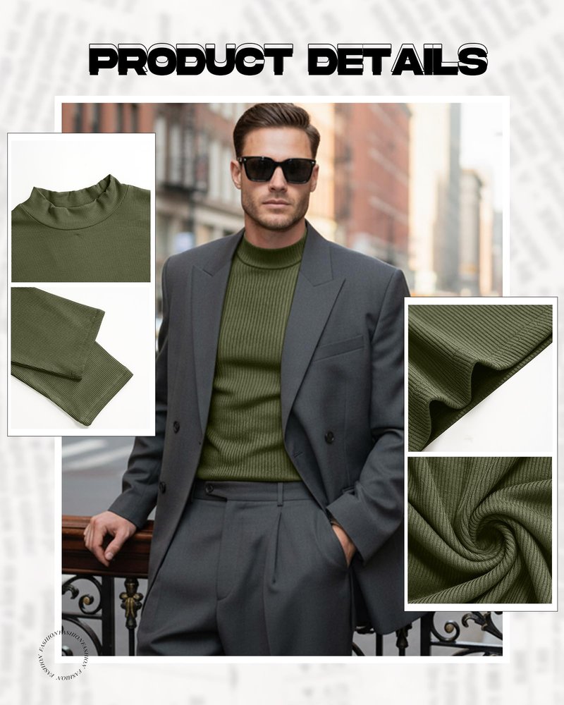 Sweetyweee 4 Pack Men's Mock Turtleneck T-Shirts Cotton Ribbed Knitted Long Sleeve Pullover Slim Fit Casual Basic Sweaters(Army Green, White, Dark Gray, Black,Medium)