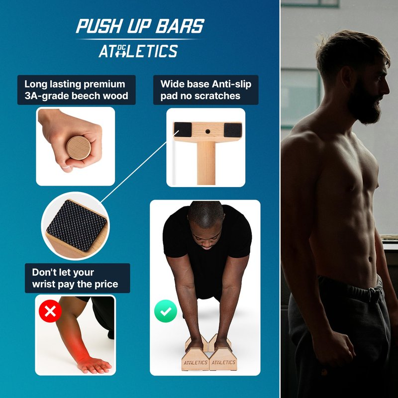 DC ATHLETICS® Push Up Bars – Parallettes with Anti-Slip Pads & Rock-Solid Base – Joint-Friendly Basebar -FSC-Certified Beech Wood – Calisthenics, Handstand & Planche Training