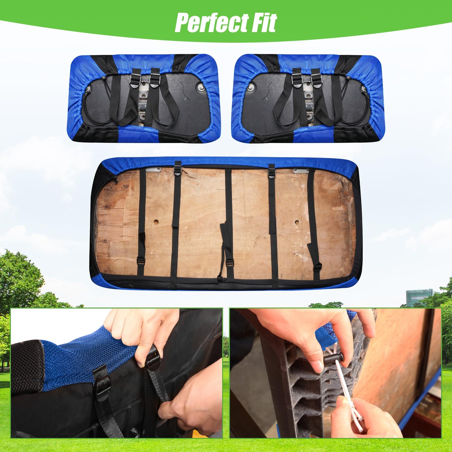 10L0L Golf Cart Front Rear Seat Covers for Yamaha G2 G14 G16 G19 G22, Club Car DS pre-2000, Tomberlin Emerge, EZGO Marathon, Made w/ 3D Air Mesh Polyester Fabric Breathable Washable - Blue and Black