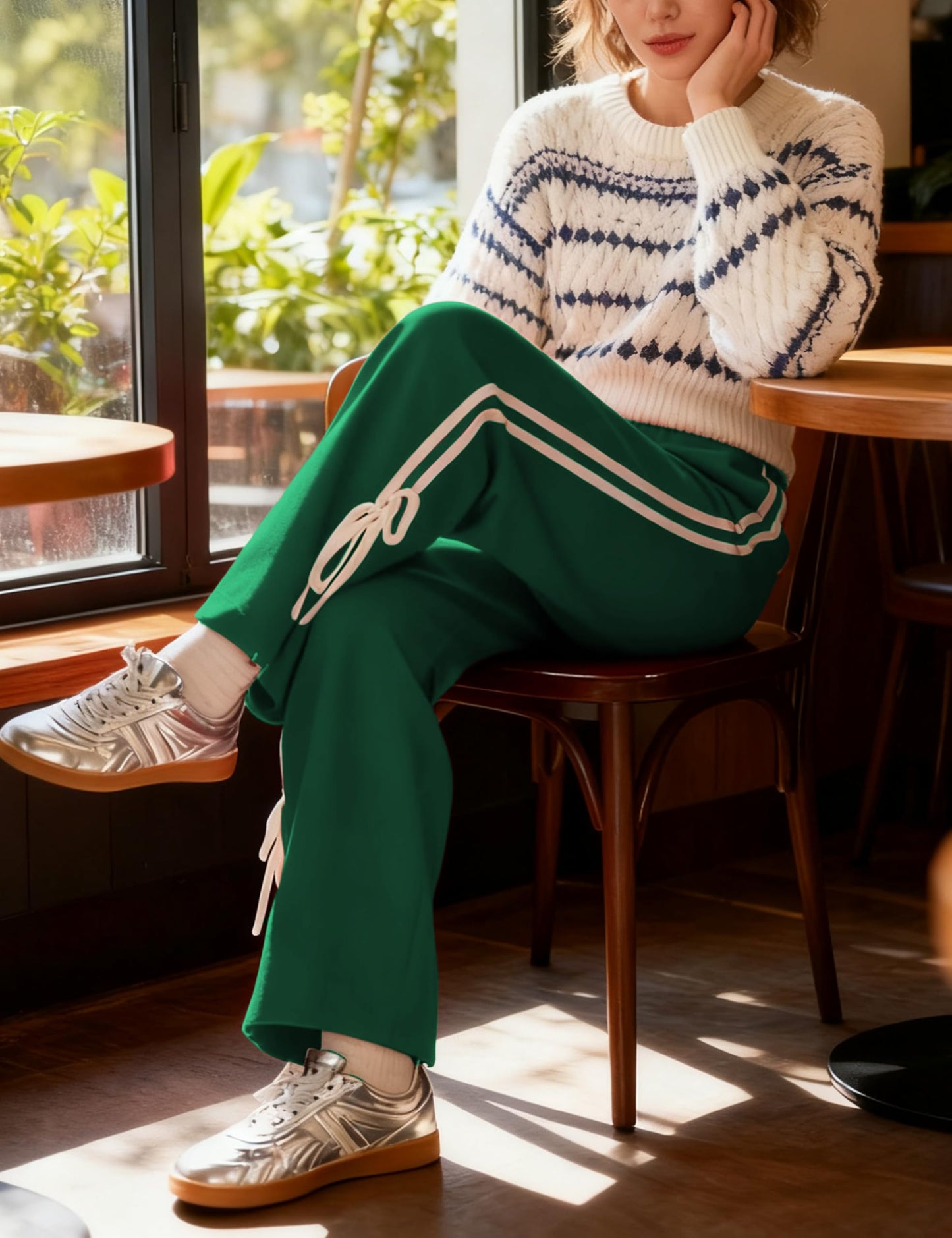 Jianzhixiao Women's Y2K Baggy Sweatpants Wide Leg Joggers Elastic Waist Striped Athletic Track Pants Lounge Casual Wear(Green-M)