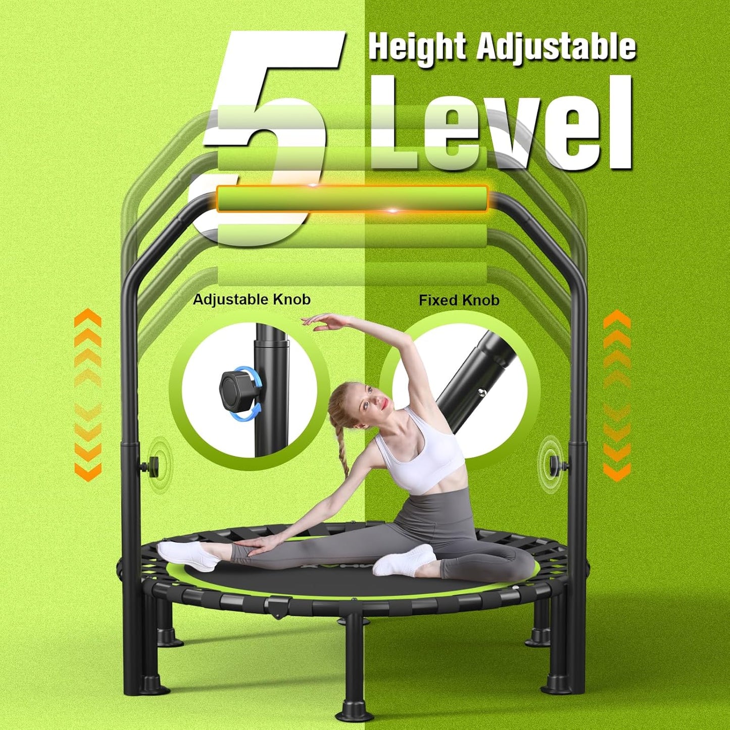 Foldable Mini Trampoline - 40"/48" Rebounder for Adults & Kids | 450lbs Capacity with Adjustable Bar for Indoor Fitness