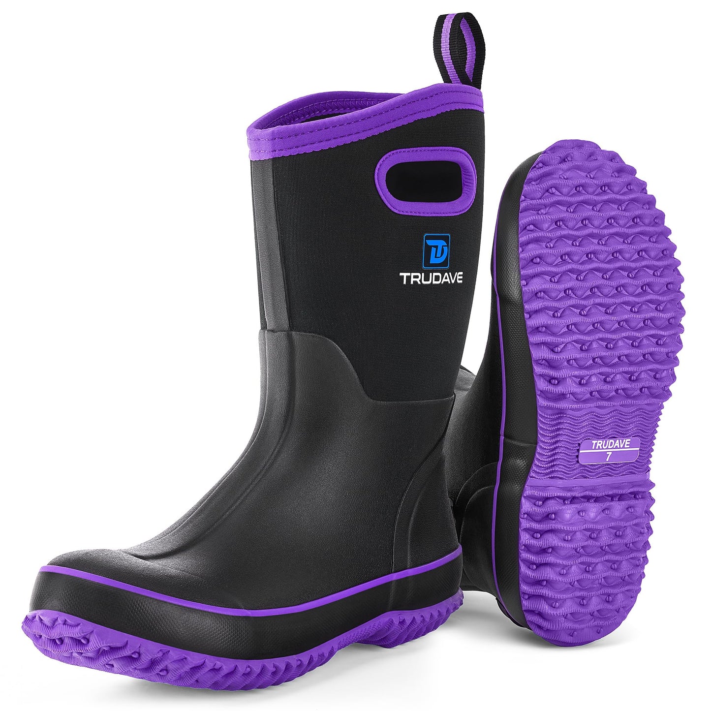 Trudave Rubber Boots for Women, Mid Calf Rain Boots, Womens Waterproof Boots, Neoprene Insulated Outdoor Work Mud Boots for Hunting Farming Gardening Fishing, Purple, Size 9