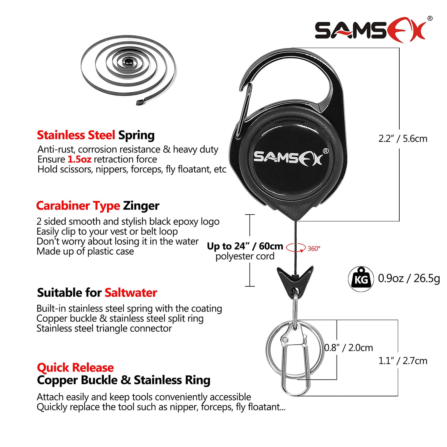 SAMSFX Fishing Stainless Steel Hook Tier, Knot Tying Tool, Loop Tyer, Hook Remover and Zinger Retractors Combo (Hook Tier with Black Grip)