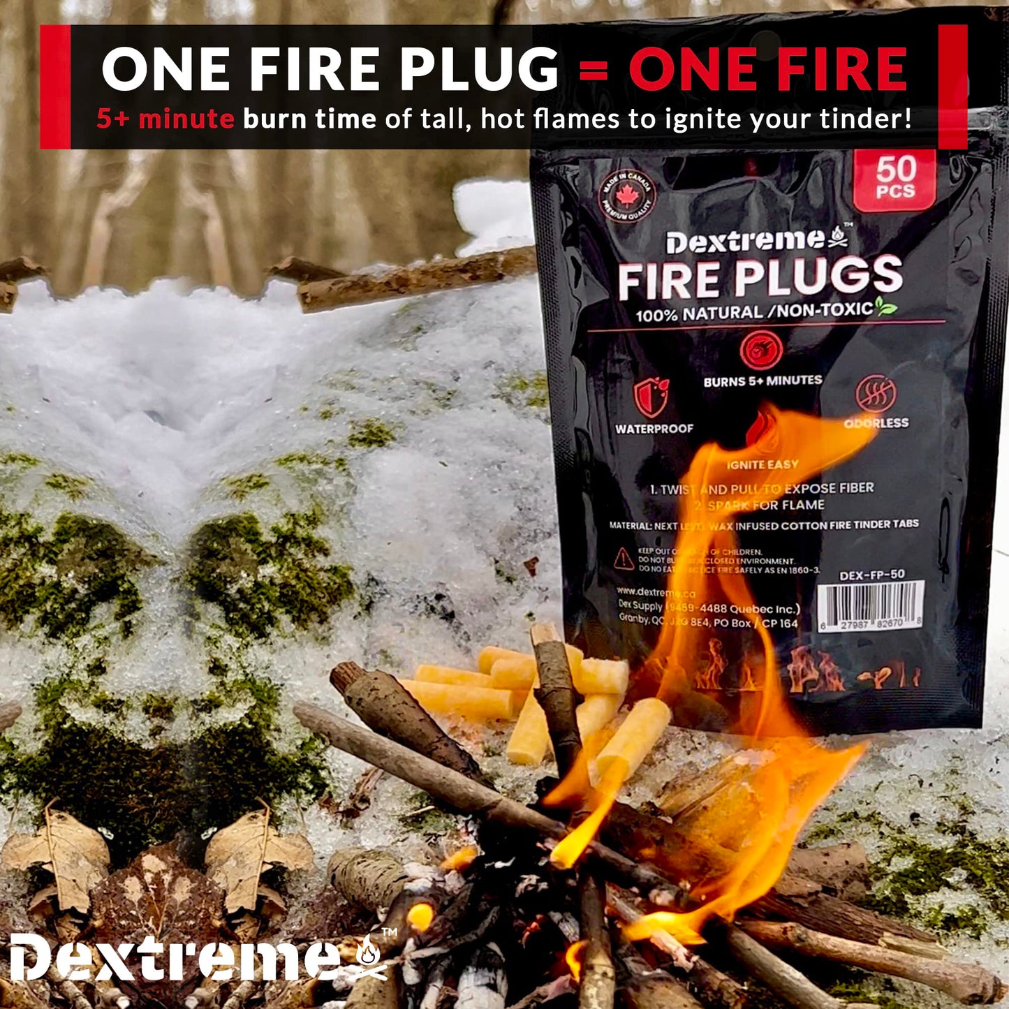 Dextreme Fire Plugs (50) Waterproof Fire Starter for Campfires, Emergencies, Survival, Fire Pits, Grills | 5+ Minute Burn | All Natural | Made in North America