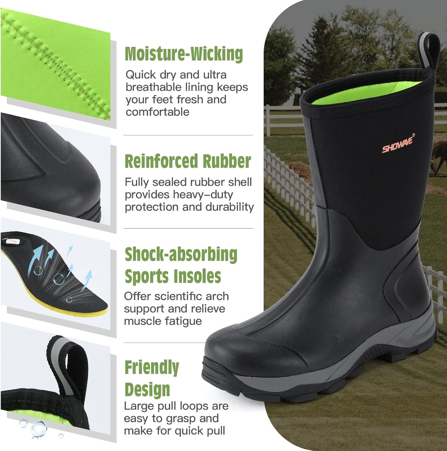Men's Waterproof Insulated Mid Calf Rubber Work Boots - Outdoor Gardening | Durable & Comfortable