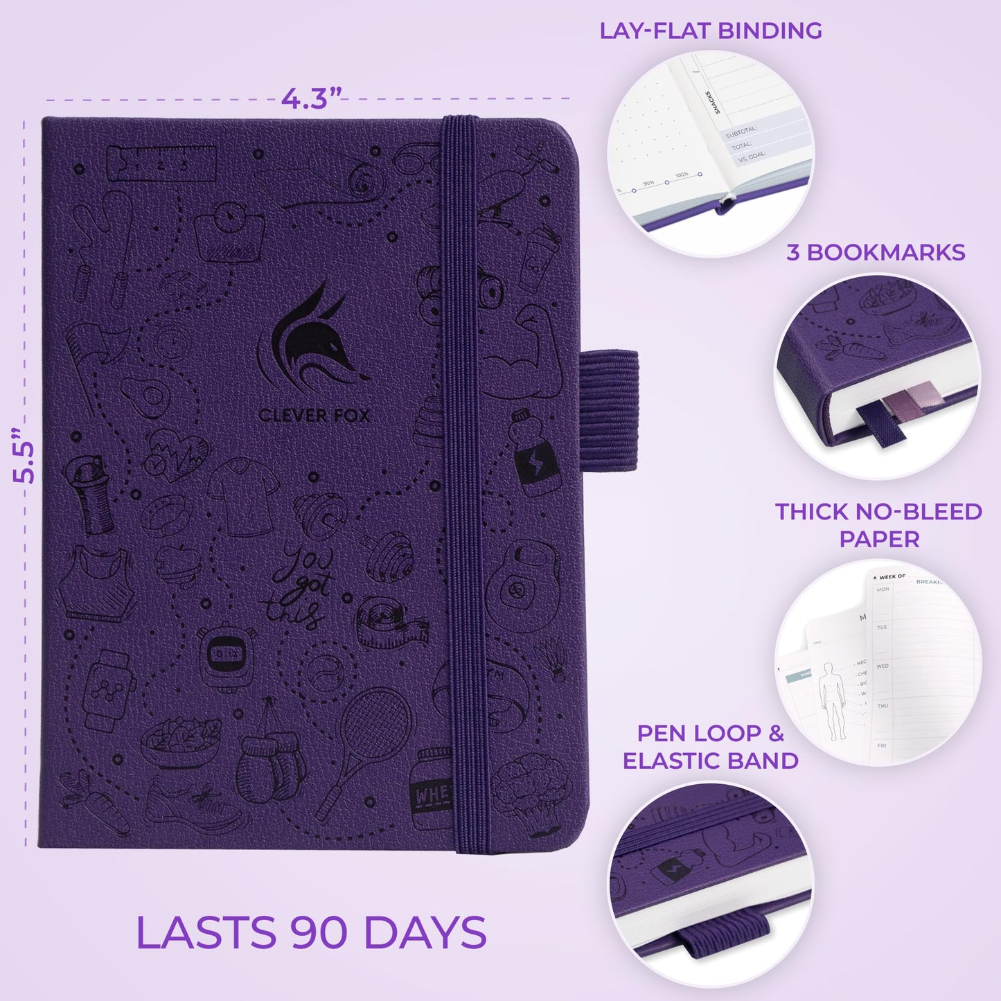 Clever Fox Fitness & Food Journal Pocket – Nutrition & Workout Planner for Women & Men – Diet & Gym Exercise Log Book with Calendars, Diet & Training Trackers – Lasts 3 Months, 4.3x5.5” (Purple)